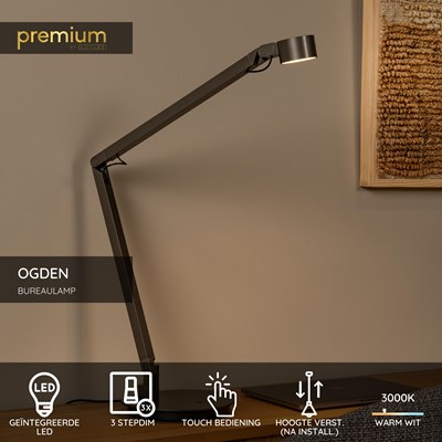 Lucide OGDEN - Bureaulamp - LED 3 StepDim - 1x7W 3000K - Grijs ijzer | Premium